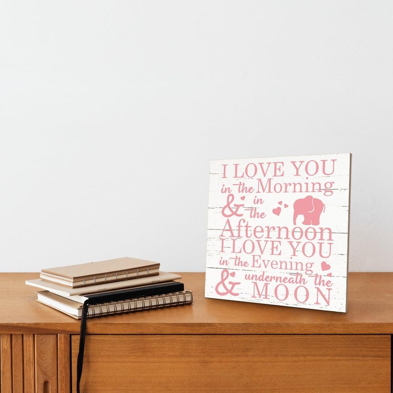 SUSZDOU Love Sign, Wood Plaque Table Art Sign 6.2 * 6.2inch, Elephant Wood Sign for Nursery, Decoration for Baby Girls Room, Daughter's Room Decor, I Love You in the Morning Afternoon Evening & Moon E - Image 4